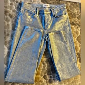 Frame Denim Coated Chrome Blue Silver Metallic Women's Jeans, size 26, worn once